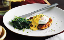 Bacon Rosti with Poached Eggs and Thyme Hollandaise