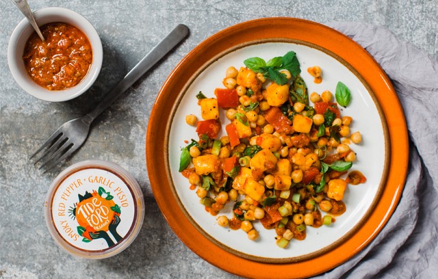 Chickpea and Mango Salad with Smoky Red Pepper and Garlic Pesto Dressing
