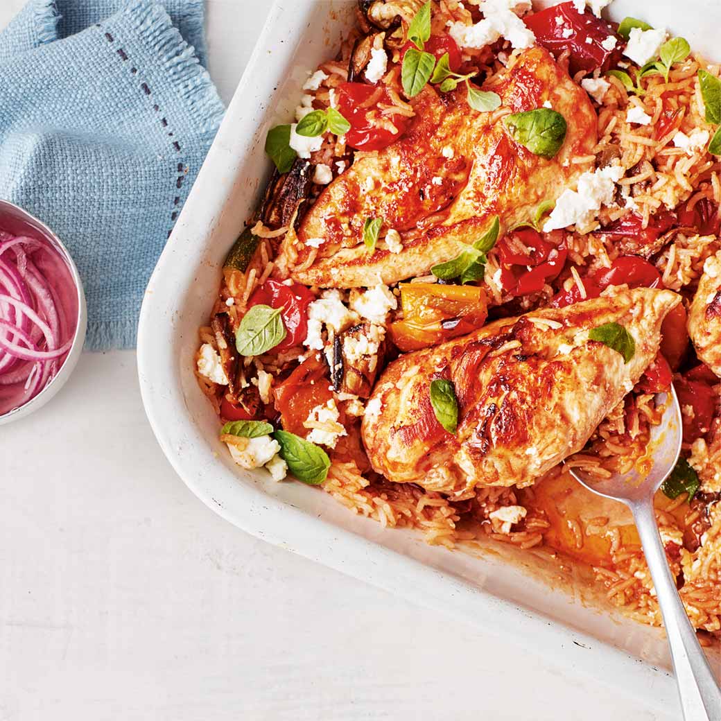 Mediterranean Chicken Traybake with Feta, Rice and Red Onion Pickle