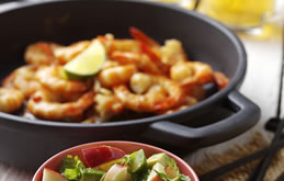 Garlic and Chilli Prawns with Pink Lady, Avocado and Lime Salsa