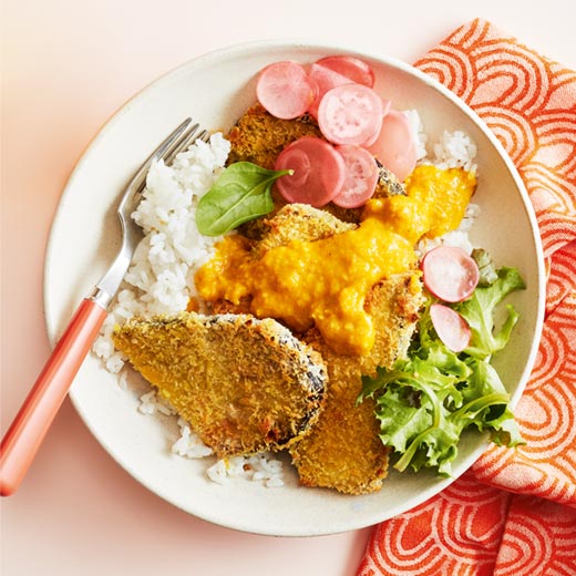 Aubergine Katsu Curry with Pickled Radishes 