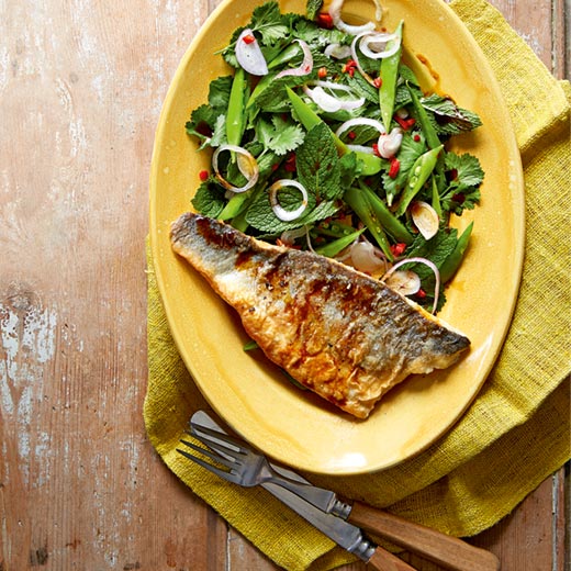 Seared Sea Bass with Spicy Sugar Snap Salad and Ponzu Dressing