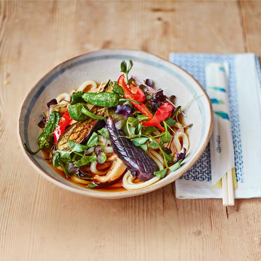 Baby Aubergines and Udon Noodles in Mushroom Dashi