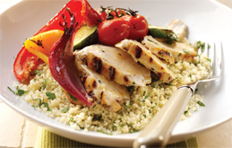 Barbecue Chicken with Coriander Couscous and Elderflower Roasted Vegetables 