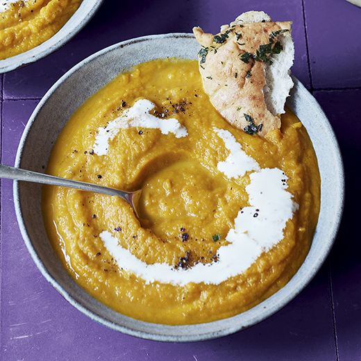 Roasted Carrot and Sage Soup with Garlic Pittas